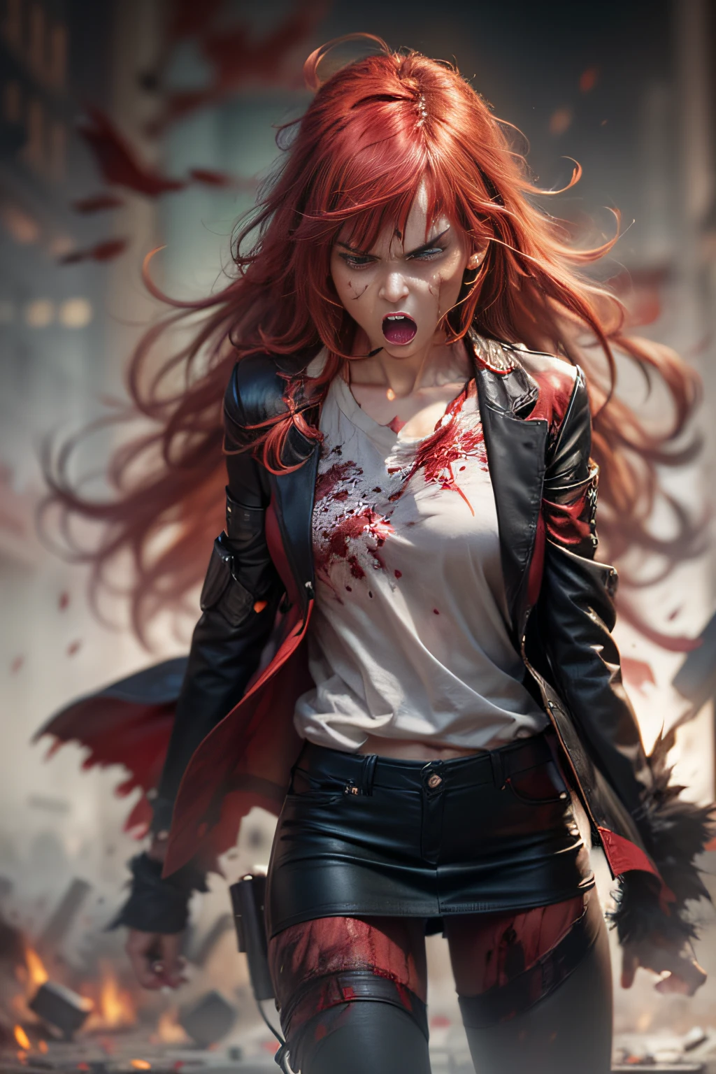 Best Quality, Masterpiece, 8k, RAW, 1 girl, ((raging)), (red hair), color-theme red, dramatic light, violence everywhere, corpses blood gore destruction in background, background dark and blurred, (angry expression:1.4), (raging eyes:1.2), red eyes, (heterochromia:1.2), mental breakdown, intimidation, harms way, (Anger:1.4), vengeance, rage, destruction, murder, insanity, going insane, loosing control