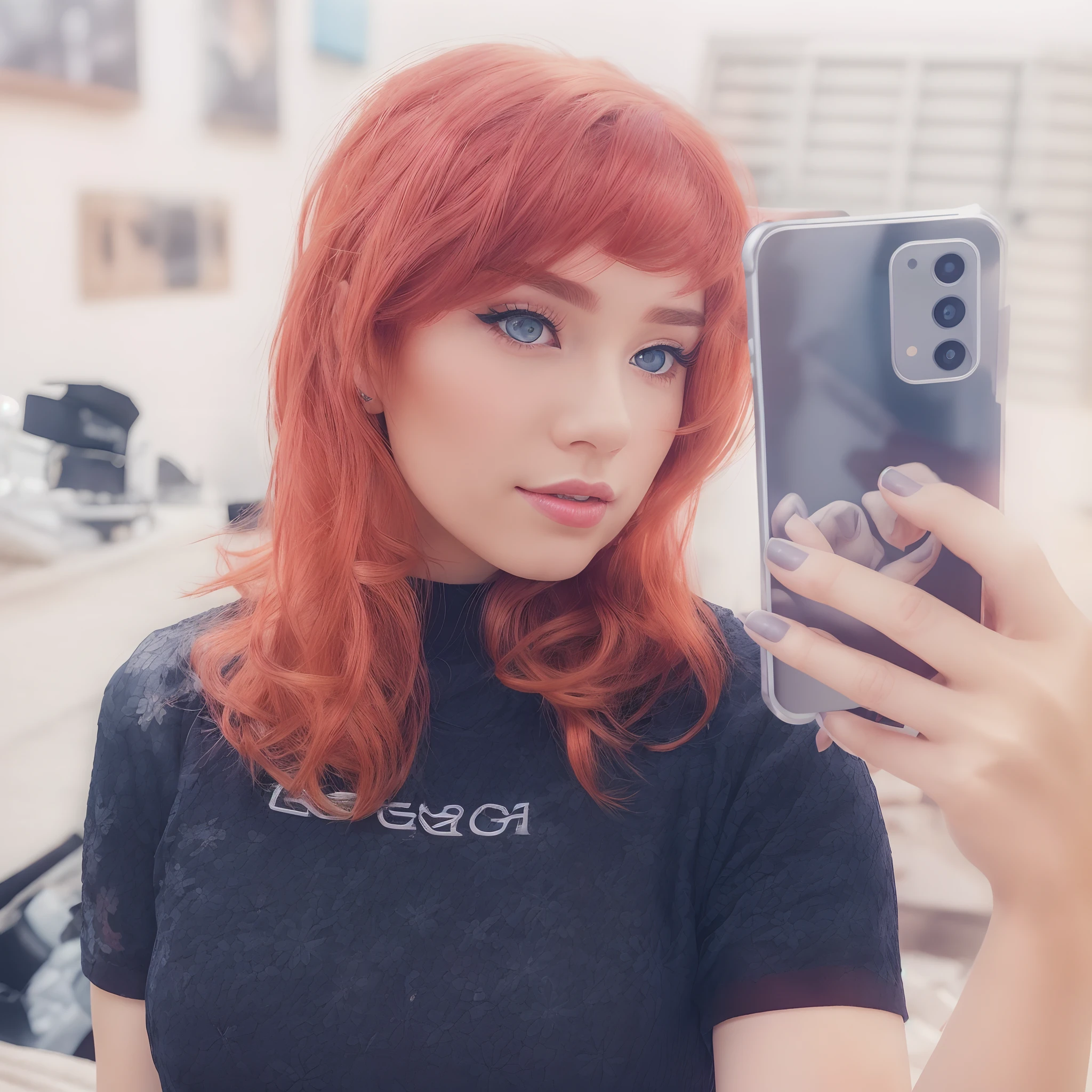 a woman with red hair taking a selfie, red dyed hair, with curly red hair, long hair, beautiful detailed eyes, beautiful detailed lips, stylish outfit, confident expression, smartphone in hand, natural lighting, vibrant colors, modern style, contemporary portrait, high-resolution, photo-realistic