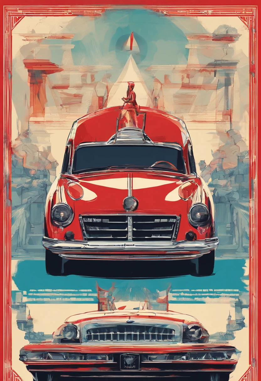 Greek God Ares. Car Sale Advertisment. 1950s. Bau Haus Graphic Design Style. Minimalistic. Main Colors Red, Blue, Yellow, Cyan.