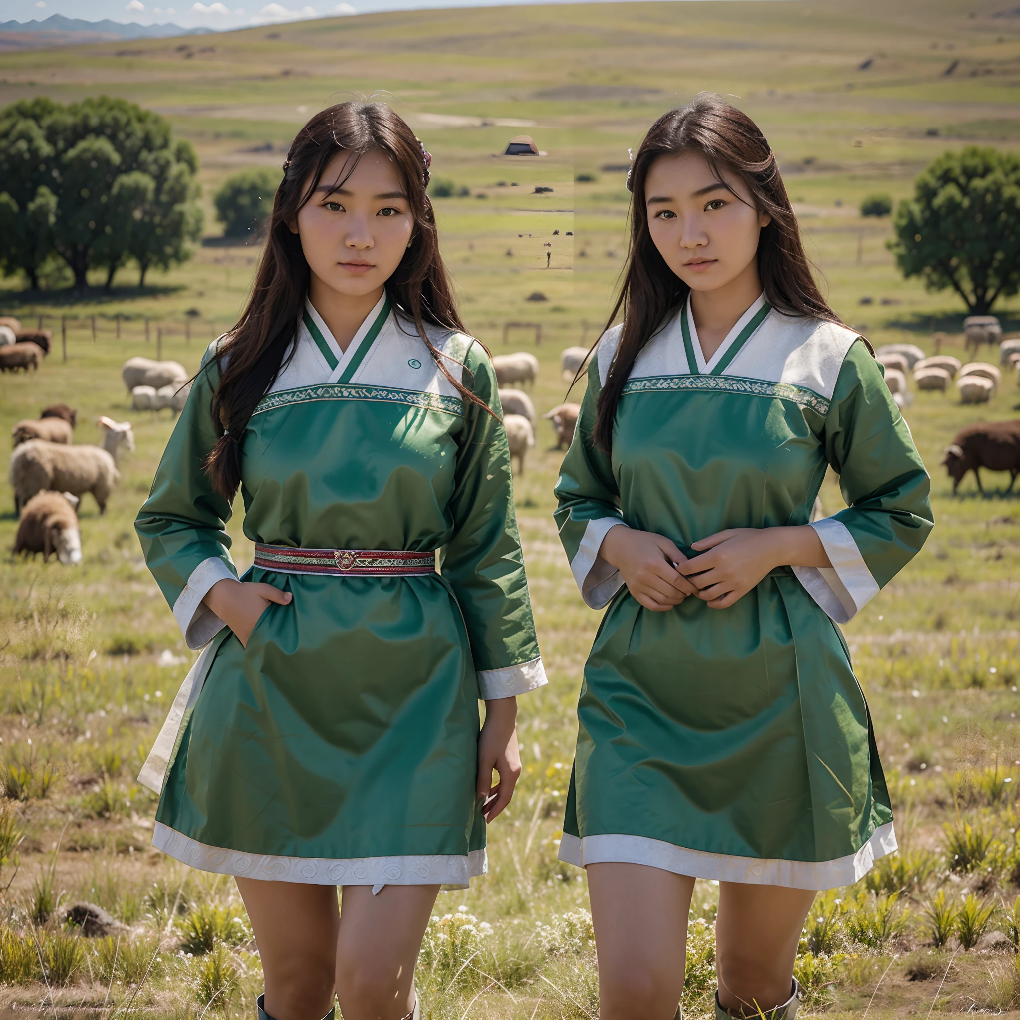 2 Mongolian girls with realistic faces, 18 years old, wearing traditional clothes in a green wide grassland with flocks of sheep.. See the whole body.