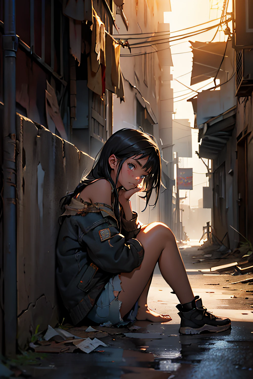 There's a little girl sitting on the floor in a dirty alley., View from afar, young girl (Black hair, Ten years old, tattered clothes), sad, Sit by the wall, ruined city, Destroyed buildings, high-resolution, Best Quality, cinematic lighting, realistic details, sharp focus, soft lighting, detailled eyes