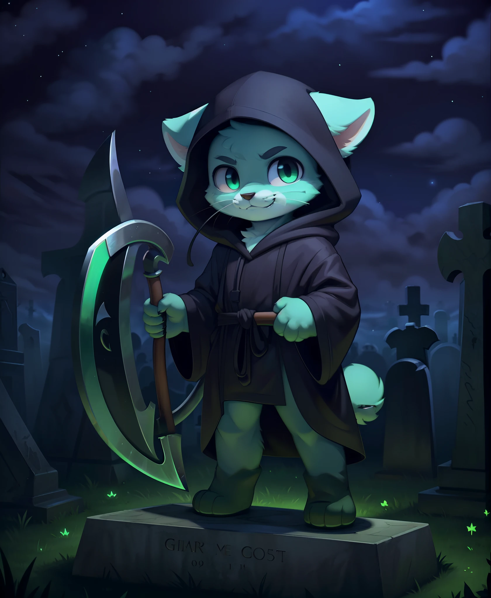 masterpiece, high quality portrait, anthro, furry, gray fur, (cub), (whiskers), solo child boy, (grim reaper), (holding scythe:1.2), black hood and robes, evil smirk, posing, blue dust, (floating green glows), graveyard, night, (by kekitopu)