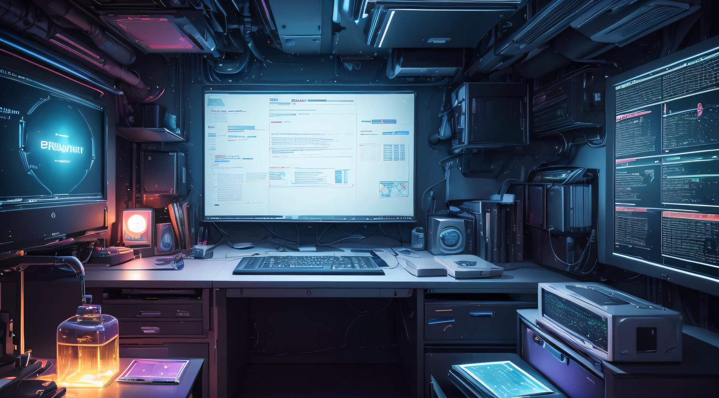 (best quality, high resolution, realistic:1.37), ultra-detailed, vivid colors, bokeh, portrait, sci-fi, futuristic, illustration, room, desk, computer, multicolor lighting , just room ,white board