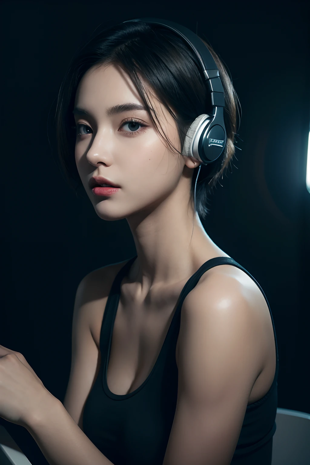short hair, skintight black top:1.2, looking at viewer, r cinematic lighting, perfect, soft lights, high resolution skin:1.2, realistic skin texture, realistic face,  lean girl,  headphones:1.2