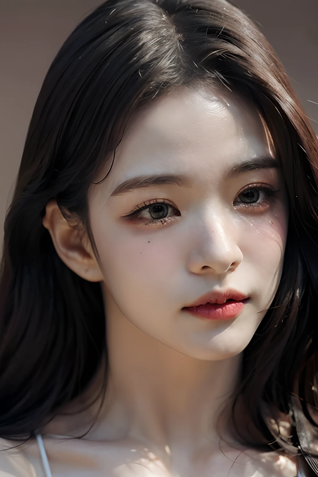 Best quality, Masterpiece, 超高分辨率, (Photorealistic:1.4), RAW photo,1girll, Solo, Realistic, Lips, Black hair, view the viewer, Black eyes, teeth, Long hair, hair on one eye, parted lip, nase, Close-up, Brown hair, Simple background, Brown eyes, Black dress, cropped shoulders