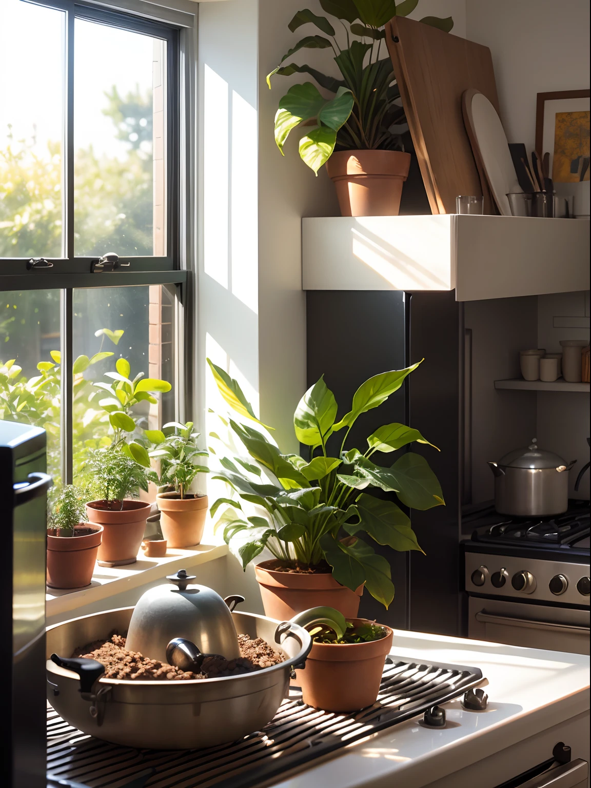 Kitchen, refrigerator, Roaster, A plant, window. rays of sunshine