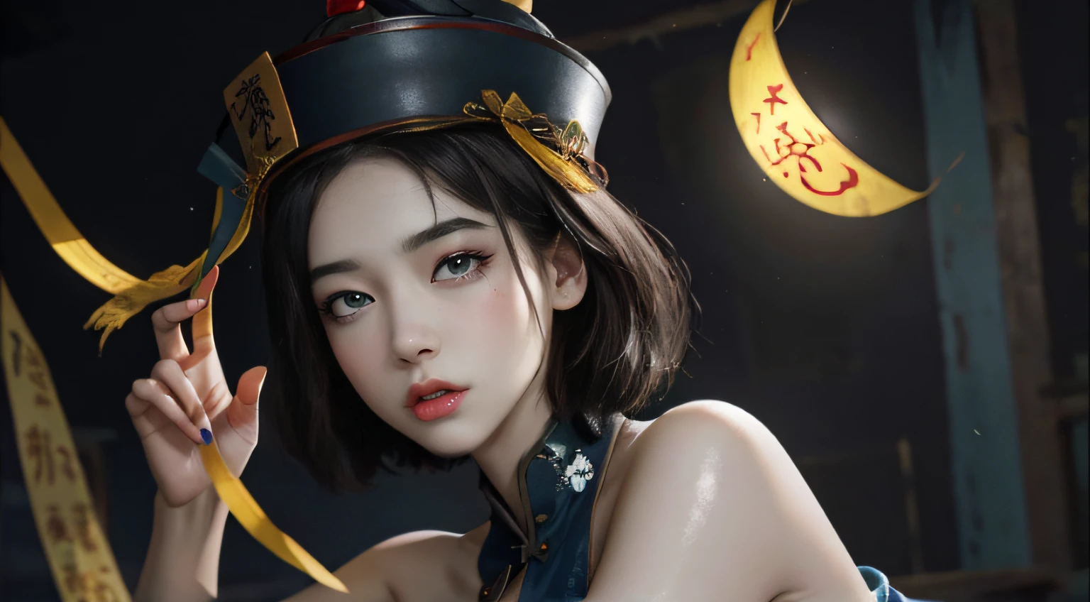 RAW, masterpiece, super fine photo, best quality, super high resolution, realistic, moonlight, night, a beauty, short hair, delicate facial features, perfect face, full body view, big breasts, huge breasts, cleavage, yellow rune paper pasted on the face, a lot of Taoist rune paper pasted on the body, super beautiful hand, super beautiful eyes(look at the viewer), Qing dynasty official hat, belly pocket, female zombie, Hong Kong lam cheng ying zombie movie character, pale skin, fair skin, shiny skin, vampire teeth, amazing beauty, dynamic pose, delicate face, abandoned warehouse background, messy, gorgeous, high detail skin, Realistic skin detailing, sharp focus, volumetric light, 8k UHD, DSLR, high quality, film grain, realism
