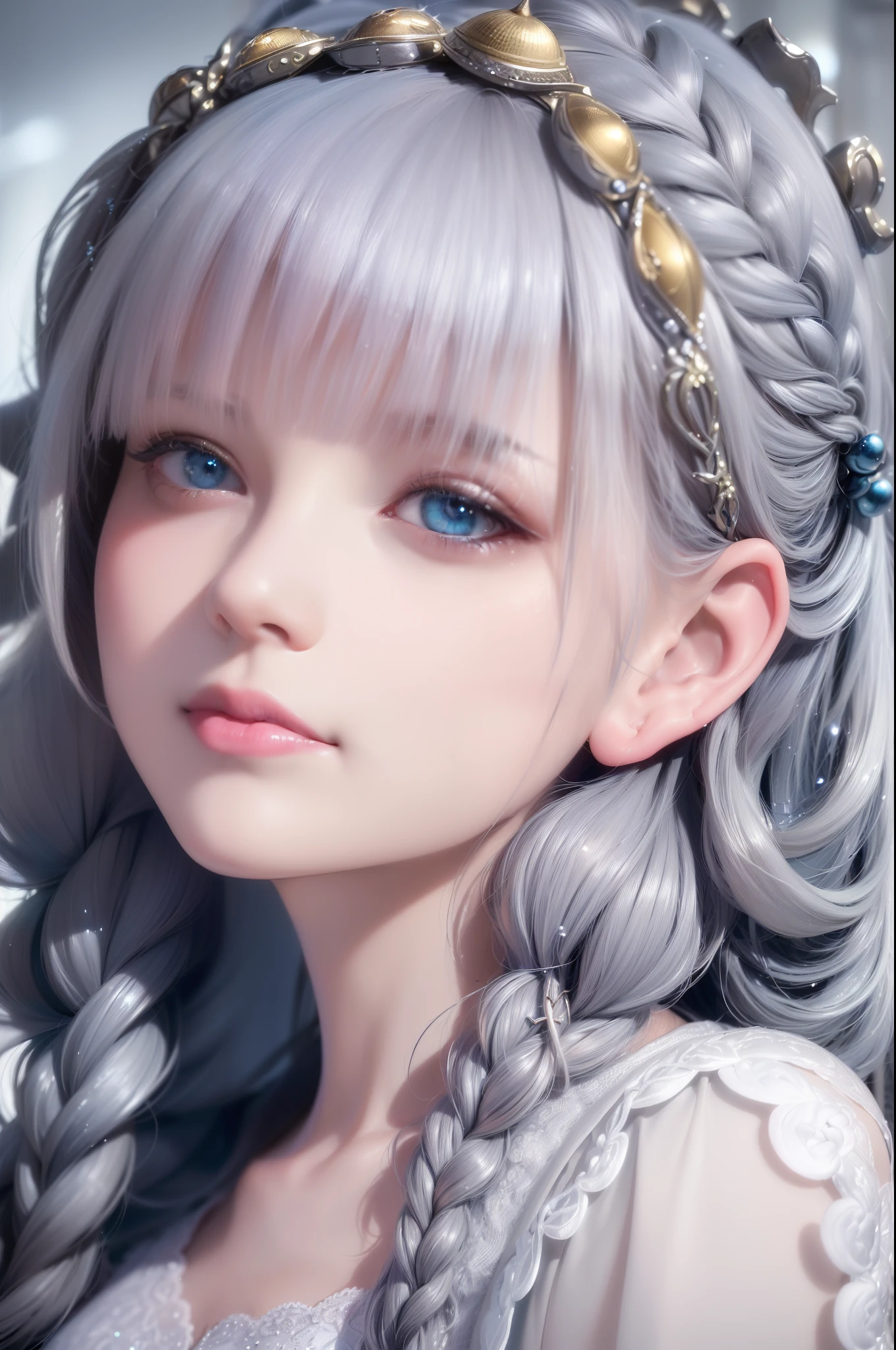 (A high resolution:1.2),(Best quality,Ultra-detailed,Realistic:1.37),(Portrait,traditional portrait),(Gray hair,Blue hair),(Golden sparkling eyes),(Flowing white clothing),(gazing heavenward),(Upper body or whole body),(The hair flows like a waterfall),(Snow-white skin),(Elegant side braids)