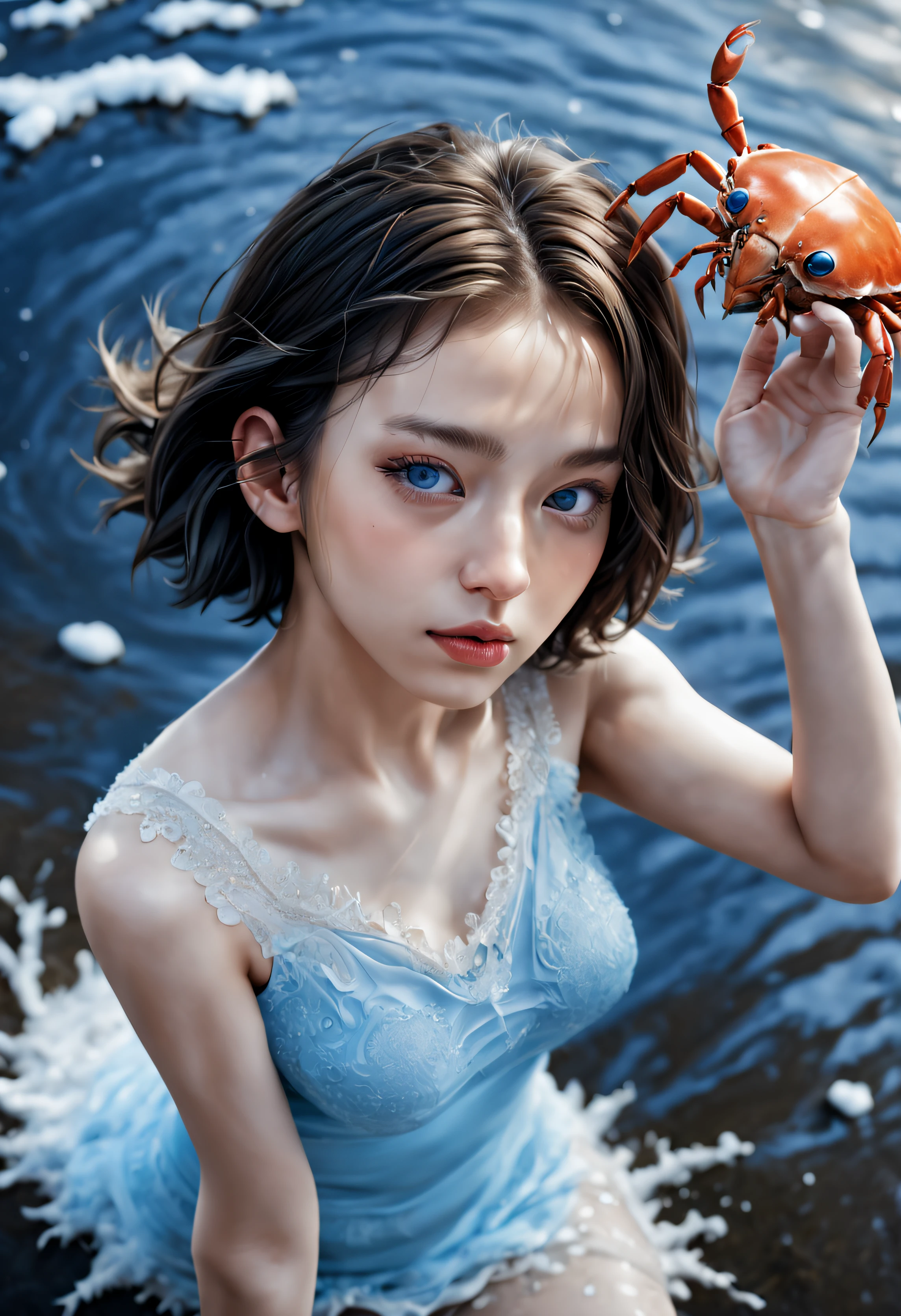beautiful girl, catch a crab, sharp focus, 8k, perfect composition, trending on art station, award-winning photograph, cinematic smooth, intricate detail, highly detailed, slim body, silver short hair, blue eyes, full body, from below, splash, fractal art, god ray, river, snow, teen