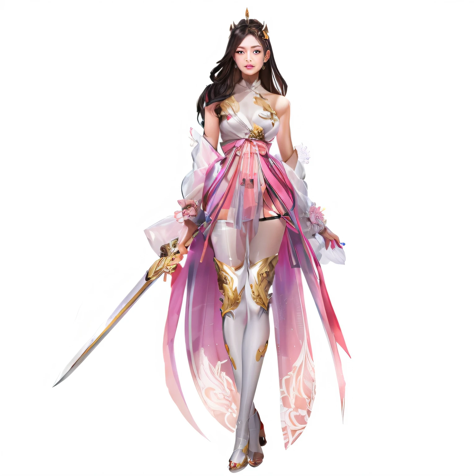Close-up of a woman in a pink dress holding a sword, full-body xianxia,