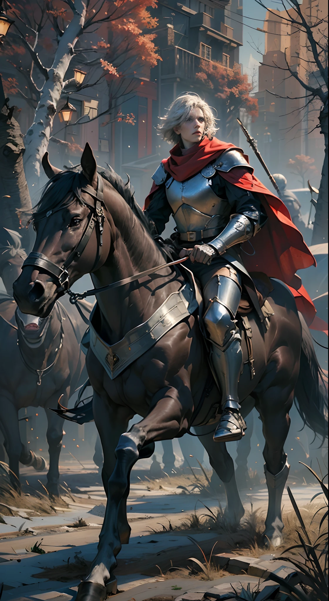 Depicting a Roman cavalryman, Riding an armored war horse, 8K, High definition, Detailed face, Detailed eyes,Hyper-realistic, + cinema shot + Dynamic composition, Incredibly detailed, Sharpen, Details + Superb details + perfectionism + award winning realism ((Moody lighting)),Vintage style,Correct anatomy,(Scenes:Winter cold forests,Medieval battlefield,The King's Banner,Flying flames,),((Masterpiece,Best quality)), ((Cinematic light)), Ultra photo realsisim, epic realistic, Faded, ((com cores neutras)), (hdr:1.5), (pastel colour:1.2), ultra - detailed, (Art Station:1.5), Cinematic, warm lights, Light effect, Dramaticlight, (Intricate details:1.1), the complex background, (greg rutkovsky:0.8), ,Knights、Full body armor、big sword、A shield、Red cape、Riding an armored horse, Fierce, Epic, Cinematic composition,