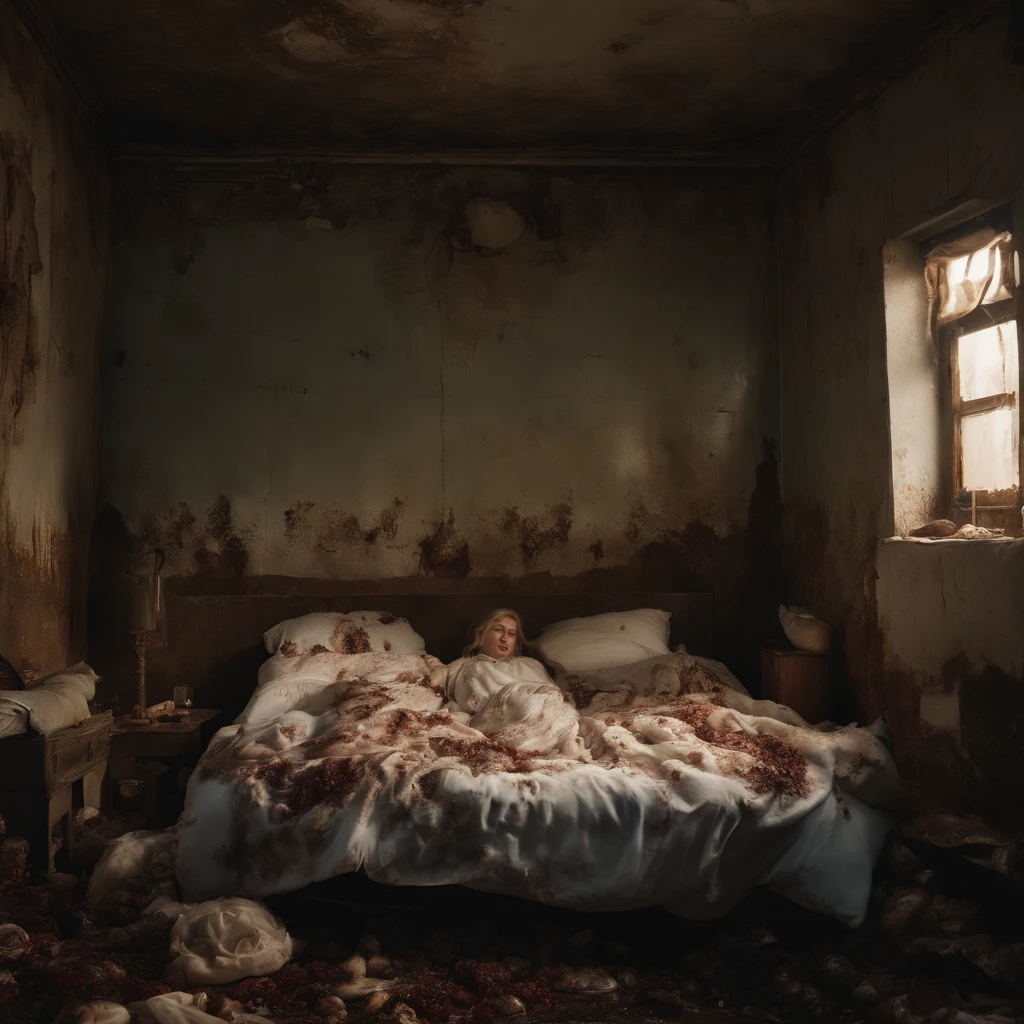 A hyper-realistic、Woman's bedroom at night with a large bed with closed dirty curtains due to a large amount of rotting internal organs, Rotten seafood, Manure and vomit scattered in contaminated, white, murky sewage swirl and flow on the charred floor of a crashed airliner、The only survivor, a fat girl, 14 years old white blonde girl、Contorting the face into a stench、Spit out a large amount of undigested food and internal organs with a look of anguish on its face
