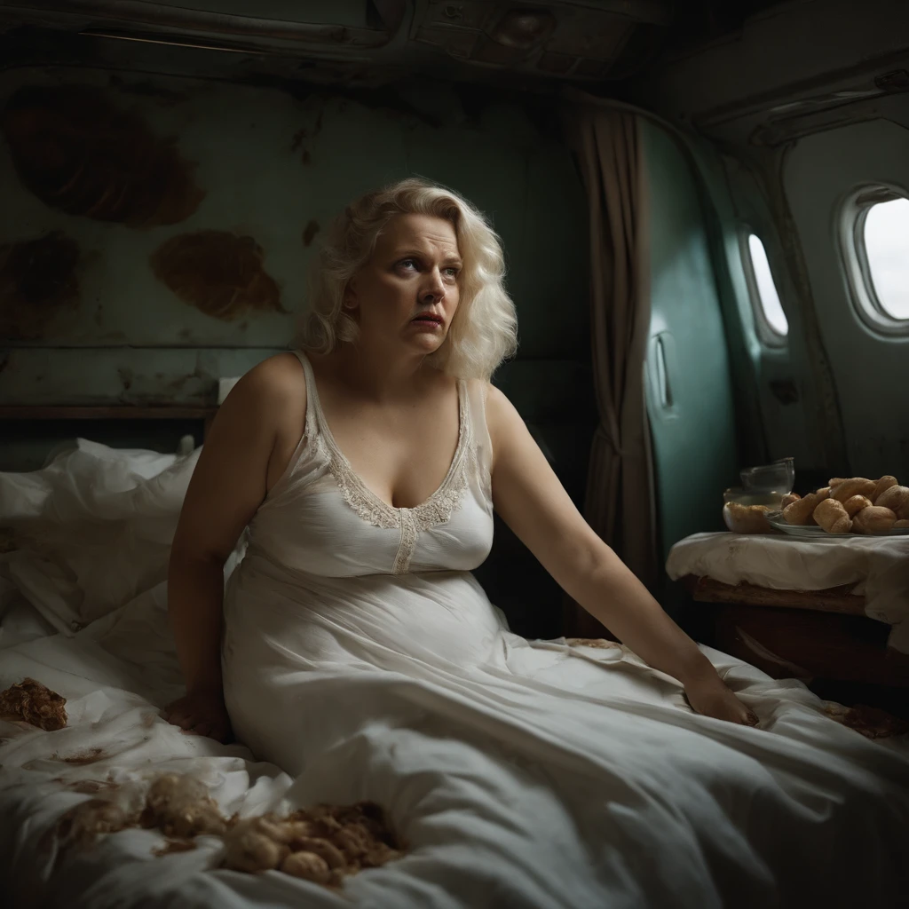 A hyper-realistic、Woman's bedroom at night with a large bed with closed dirty curtains due to a large amount of rotting internal organs, Rotten seafood, Manure and vomit scattered in contaminated, white, murky sewage swirl and flow on the charred floor of a crashed airliner、The only survivor, a fat girl, white blonde girl、Contorting the face into a stench、Spit out a large amount of undigested food and internal organs with a look of anguish on its face