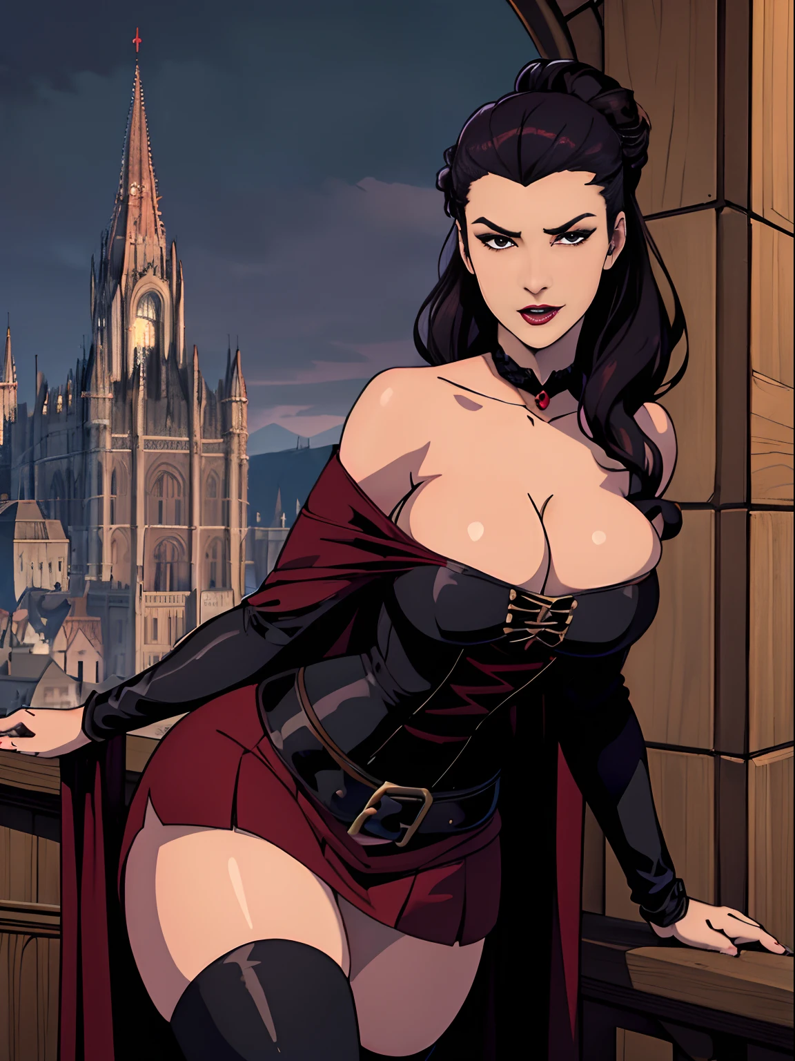 (masterpiece, top quality, best quality, official art, beautiful and aesthetic:1.2), (1girl:1.3), long and curly dark brown hair, ((extravagant updo)), Victorian style, extremely detailed, portrait, looking at viewer, solo, (full body:0.6), detailed background, close up, mischievous eyes, (cold midnight castle theme:1.1), extremely busty vampire, long fangs, blood on chin, huge lips, charlatan, smirk, mysterious, being seductive on a balcony, revealing gothic dress, lace, extremely tight bodice, black attire, red skirts, off shoulder, long sleeves, loose sleeves, black leather, cloak, corset, black dress, fishnets, thigh high black boots, buckles, straps, pouches, glowing blood magic energy, dark red fabric, silver trim, black leather, ((gigantic breasts, hyperbreasts)), cleavage, skindentation, slim waist, slim hips, long legs, medieval (gothic castle exterior:1.1) background, nighttime, dark mysterious lighting, shadows, magical atmosphere, dutch angle