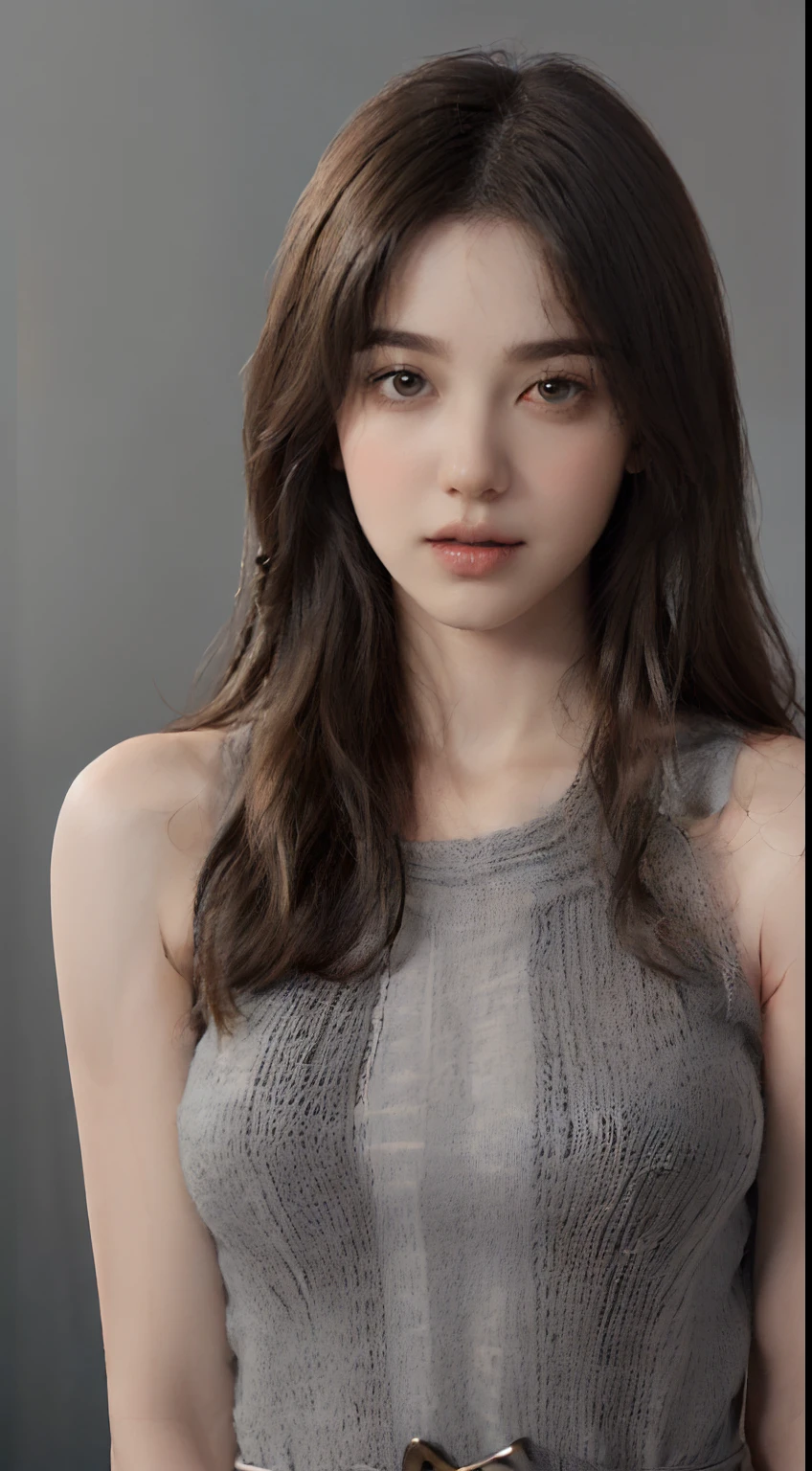 top-quality、Draw details、(Put your face and upper body in:2)、tmasterpiece、超A high resolution、(Realistic:1.4)、RAW photo、(Beautiful fece:1.5)、Cute Turtle、(Brown long hair、Very long:2)、1 rapariga、(Firm breasts, Large breasts:2)、(Fair and clean skin:1.7)、(slenderness:1.5)、(Thin waist, Thin arms, thin neck, Thin shoulders:1.5)、(dress、Sleeveless、knitting、Gray:1.7)、sunder、(Simple gradient background、dark gray:1.8)、(flat lighting、Soft lighting:1.7)