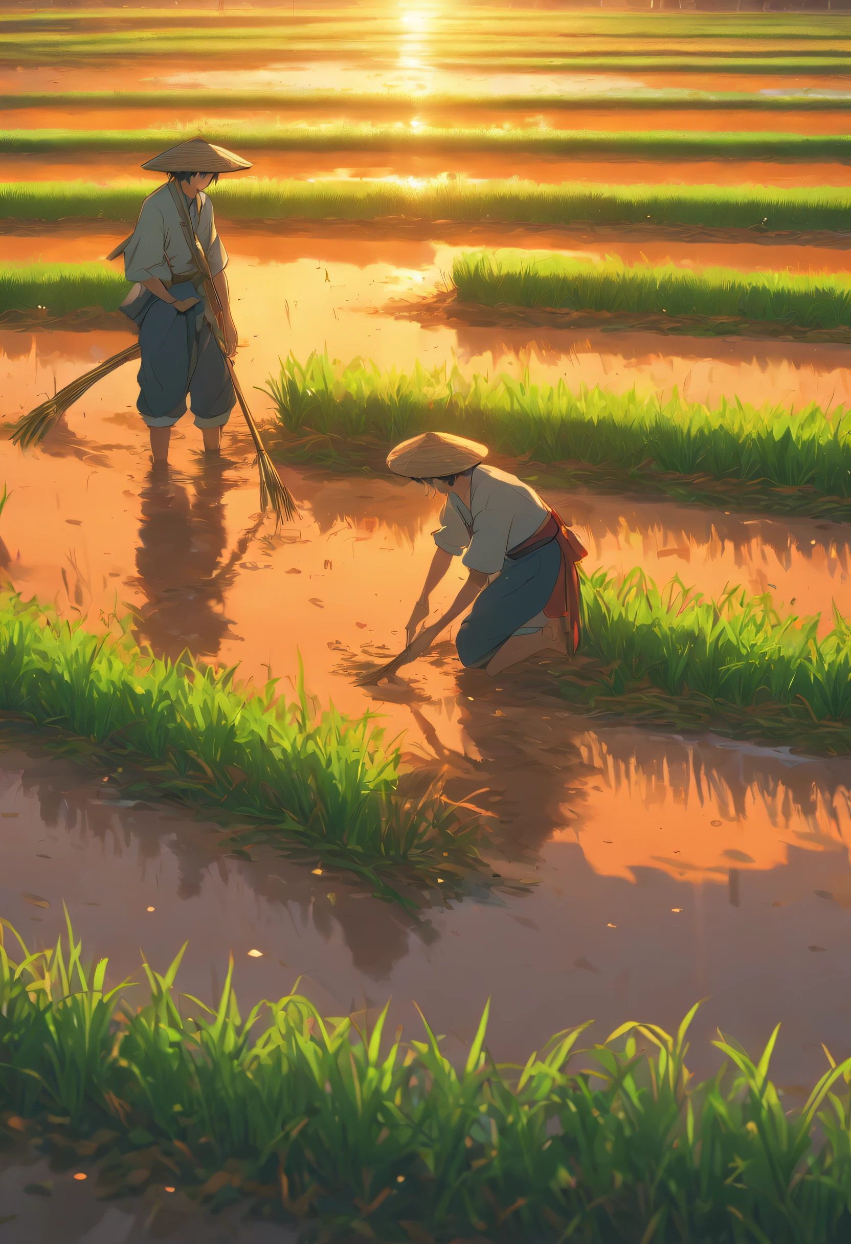 a masterpiece of a cinematic scene of farmers growing rice in wet land, anime style, ultradetailed, 12k, hyperdetailed