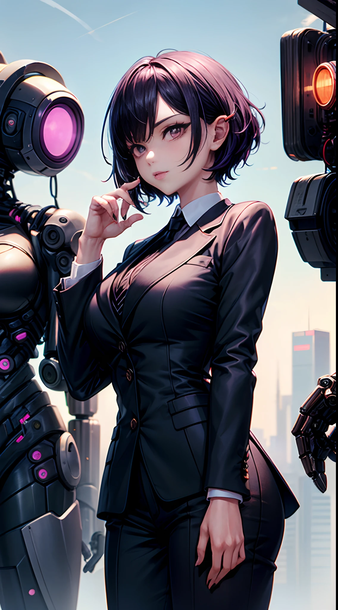 (woman in black suit and tie)Anime, Anthropomorphic lop-eared Dalmatian sexy woman, her big purple eye and purple short hair her hand is mechanical cyberpunk