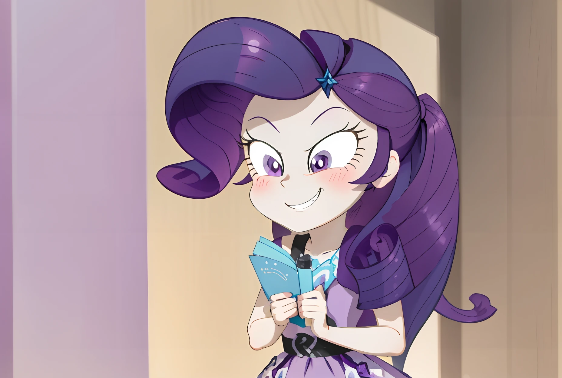 a close up of a cartoon girl with purple hair and a purple dress, purple eyes and white dress, her hair is in a pony tail, nefarious smirk, she has purple hair, equestria, with no derpy face, anthropomorphic mare, she has two ponytails, giddy smirk, proud smirk, slight smirk