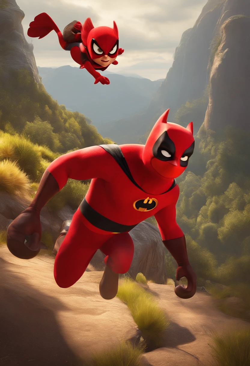 Pixar 3D dibujos animados, Boy in red dardevil suit, con antifaz rojo, botas amarillas, yellow belt, capa roja, cuantes amarillos, volando, con una mano extendida y otra mano con un plato con filete de res