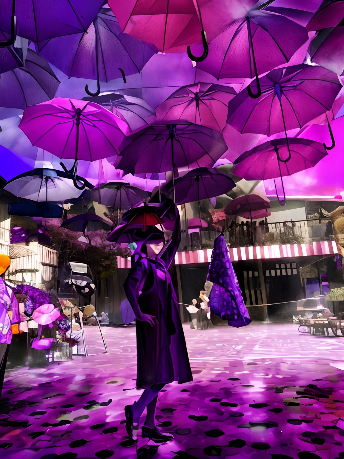 purple umbrellas are hanging from the ceiling in a plaza, standing with a parasol, purple and black color scheme, umbrellas, foreground background, purple themed, raining!, mushroom umbrella, 🕹️ 😎 🔫 🤖 🚬, trending ,, colorful umbrella, people with umbrellas, holding an umbrella, draped in purple, holding a umbrella, purple rain, holding umbrella