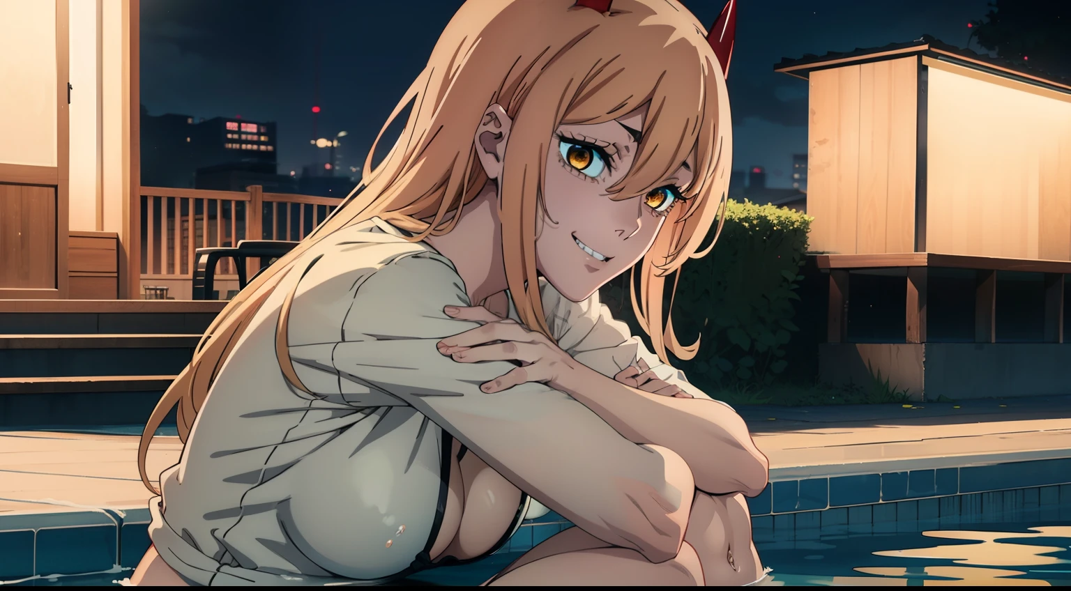 hooligan, sitting in the pool edge, the night, Lights, looks at the viewer, ssmile, grin, criminal, laughting, shirt unbuttoned, stooping forward, handsome body(Perfect Anatomy 1.1), medium chest size, bare breasts, bathing suit, madwoman, vulgar, Erotica, half naked, beautiful breasts, waist, bare buttocks, sexy body, hight resolution, 1girl, 独奏, hairlong, blonde woman, dangerous,vivid eyes,Yellow eyes, Odin, Mesmerizing eyes,Confident,superior, naughty, (power \(chainsaw man\),), red horns, Energy from a chainsaw, Red horns on the head, Cool anime 8K, Clean and detailed anime art, 4K Manga Wallpapers, Подробный портрет Anime Girl, Anime 4K Style, Anime Art Wallpapers 4K, Anime Art Wallpaper 4K Masterpiece, Gorgeous, Best Quality,