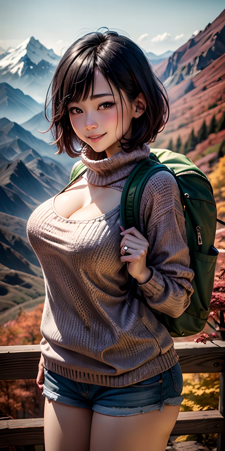 realisticlying.Low mountains, jpn、Black Hair Short Bob Hair 18 Year Old Girl、rucksack、Wearing a green tight-fitting knit sweater、Wearing shorts、Sexy pose breasts greatly emphasized cleavage、A mountain with beautiful reddish autumn leaves々々々々々々々々々until々View、Face smile
