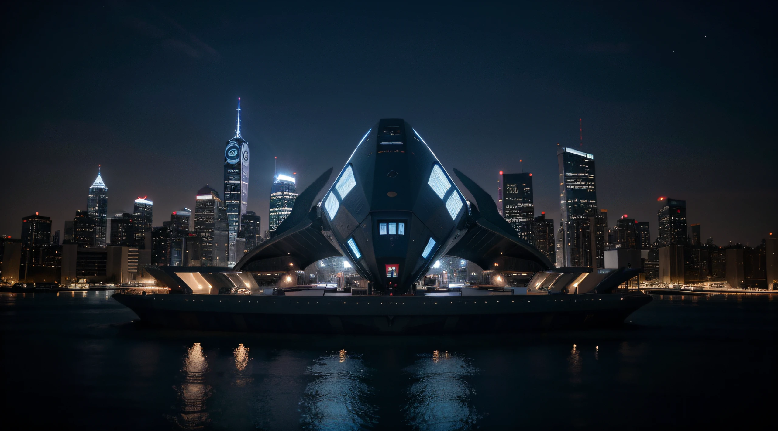 Cinematic. An ultra-realistic spaceship with a triangle shape with blue aura-type circles surrounds the craft hull over over a Multi-Colored Gotham-like city, with futuristic spaceport buildings in the background at night, Med. Long Shot. dynamic lighting. ultra-detailed, ultra-realistic. 8K, High-Definition, Annie Leibowitz {16.9, 22-4 55mm Hasselblad IX D