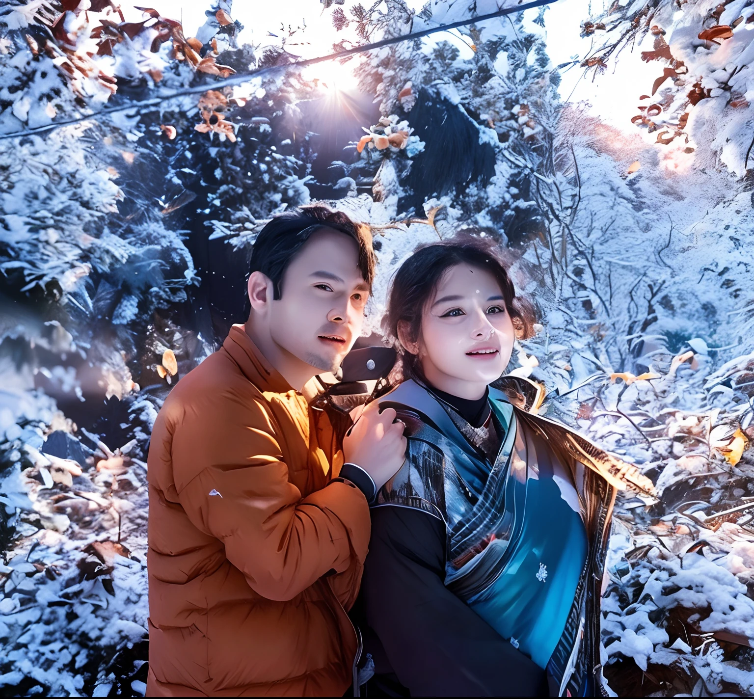 Change backgrounds snow handsome boy and girl realistic face, 8k, ultra realistic