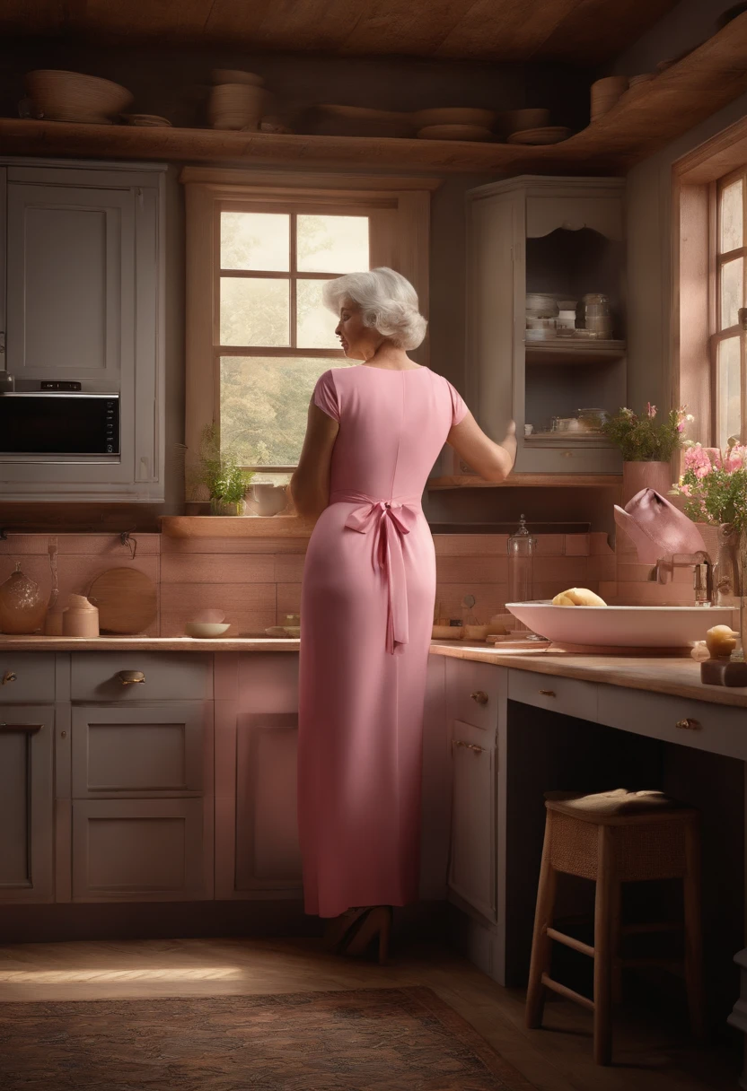 a woman in a pink dress standing in a kitchen next to a sink, trending on bbwchan, old gray hair, digital advertisements, maximum natural texture, shapely toned derriere, ancient wood environment, unreal render, the perfect woman, looking old, commercial banner, enormous