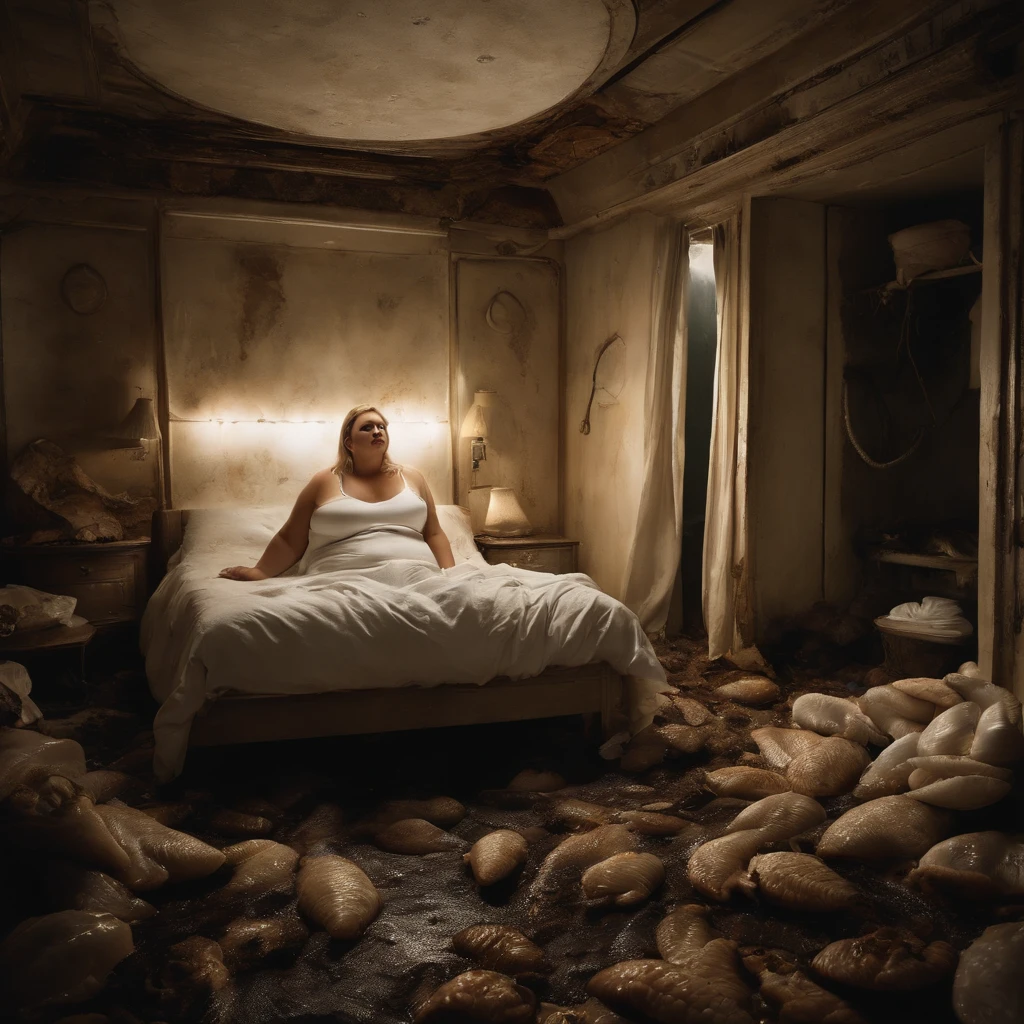 A hyper-realistic、Woman's bedroom at night with a large bed with closed dirty curtains due to a large amount of rotting internal organs, Rotten seafood, Manure and vomit scattered in contaminated, white, murky sewage swirl and flow on the charred floor of a crashed airliner、The only survivor, a fat girl, 14 years old beautiful white blonde girl, detailed face, smiling, massive belly, wide hips, fat girl, Spit out a large amount of undigested food and internal organs with a look of anguish on its face