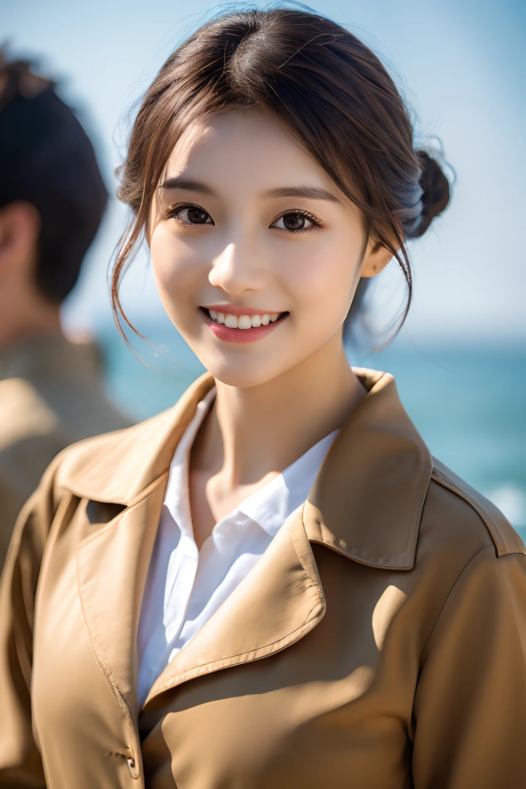Smiling, (Best quality details:1.2),8K high definition,Ultra detailed,High quality texture,Intricate details,Detailed texture,finely detailed,High detail,Extremely detailed CG,Highqualityshadow,Detailed beautiful delicate face,(Detailed beautiful delicate eyes:1.32),Depth of field,Ray tracing,(A beautiful 25 year old lovely Chinese lady:1),Glow eyes,Blush, Perfect petite body,brown  hair，Dance,Free dance,spin dance,Black trench coat set,Elegant shirt, Sunlight，Sea sky background，The sea breeze blows，The world is vast