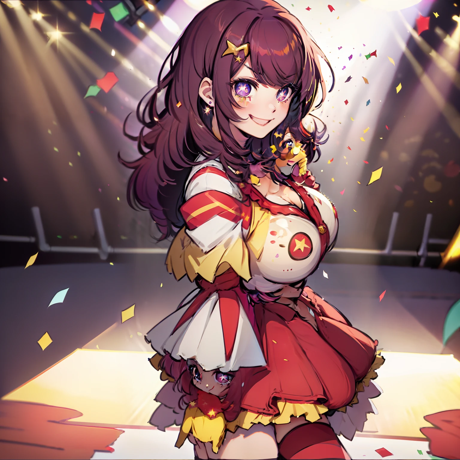 absurdres, highres, BREAK looking at viewer, upper body, (face focus:1.3), (from side:1.5), BREAK (vivid-color:1.3) BREAK (one girl:1.3), (loli:1.2), ((Hoshino Ai:1.4)), (ai's pose:1.3), (purple eyes:1.3), (purple hair, streaked hair:1.5), (happy smile:1.7), (lifting her feet:1.3), lifting her feet:1.3), twisting waist, (shiny eyes:1.3), (upturned eyes, happy smile:1.2), (((star \(symbol\), star-shaped pupils:1.3))(, hairclip, earrings, jewelry, nm1, (((Yellow gloves,striped thighhighs,Striped sleeves),1girll,ssmile,Exquisite facial features,Burger in hand,Coke,)), idol, symbol-shaped pupils, (huge breasts, cleavage:1.3), (thigh:1.2), open mouth, (breast:1.3), round eyes, (blowing in the wind:0.5), squall (wind:1.2), sense of speed, refreshing breeze, motion blur effect, wind BREAK background is (on the Idol stage:1.3), (Stand in the center of the screen:1.3), indoors, idol live, wind, (Colorful spotlights:1.7) BREAK magnificent view, (10,000 people spectators:1.3), light particles, (confetti:1.4), dynamic angle, dutch angle, perspective BREAK (night, spot light:1.5), depth of field, bokeh, light leaks, (chromatic aberration:1.2) ) ((Perfect Anatomy))BREAK