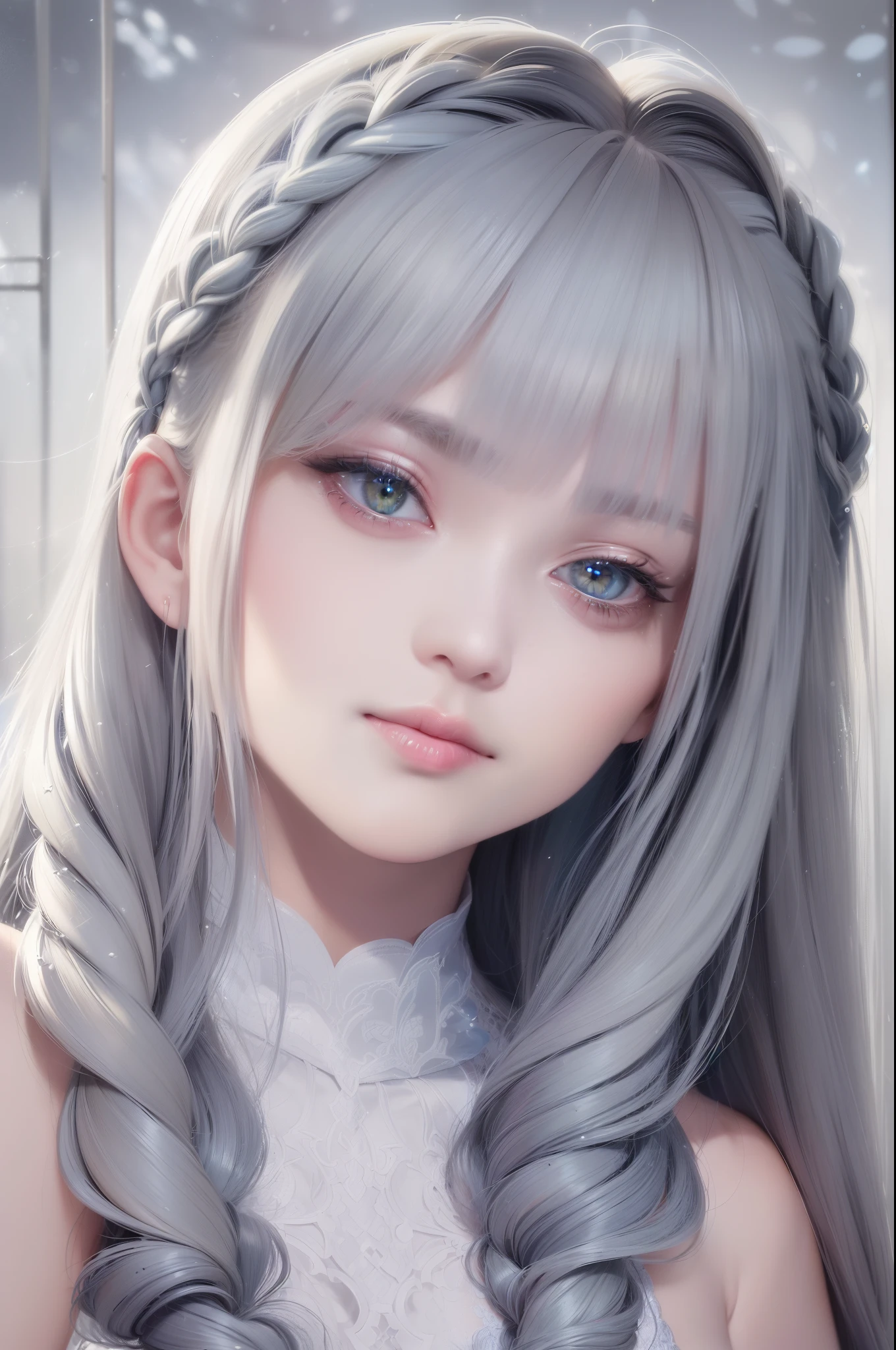 (high-resolution:1.2), (best quality, ultra-detailed, photorealistic:1.37), (portrait, traditional portrait), (gray hair, blue hair), (shimmering golden eyes), (flowing white attire), (gazing at the sky), (upper body or full body), (hair flowing like a waterfall), (snow-like skin), (elegant side braid)