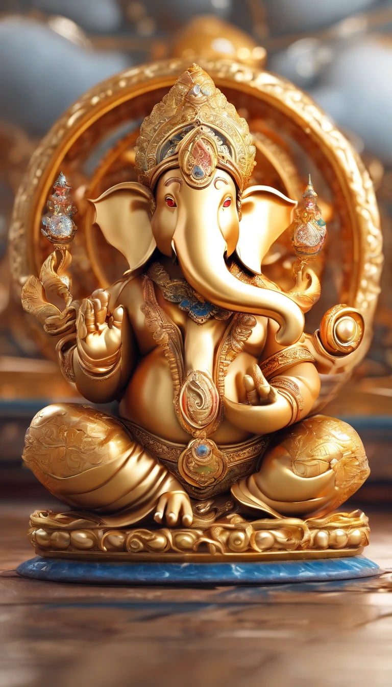 front view of, Isometric diorama of the creation of the universe, illustration by akihiko yoshida, ornate mechanics, ornate filigree decoration, lord Ganesh statue creation, 8k, ultra realistic, digital tech gadgets around with backpack, trending on Hindu Temple Blender modeling sculpture