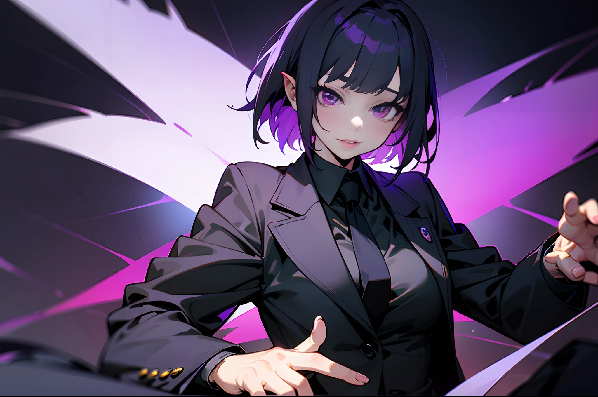 (woman in black suit and tie)Anime girl hinata, Anthropomorphic lop-eared Dalmatian sexy woman, her big purple eye and purple short hair her mechanical hand is cyberpunk