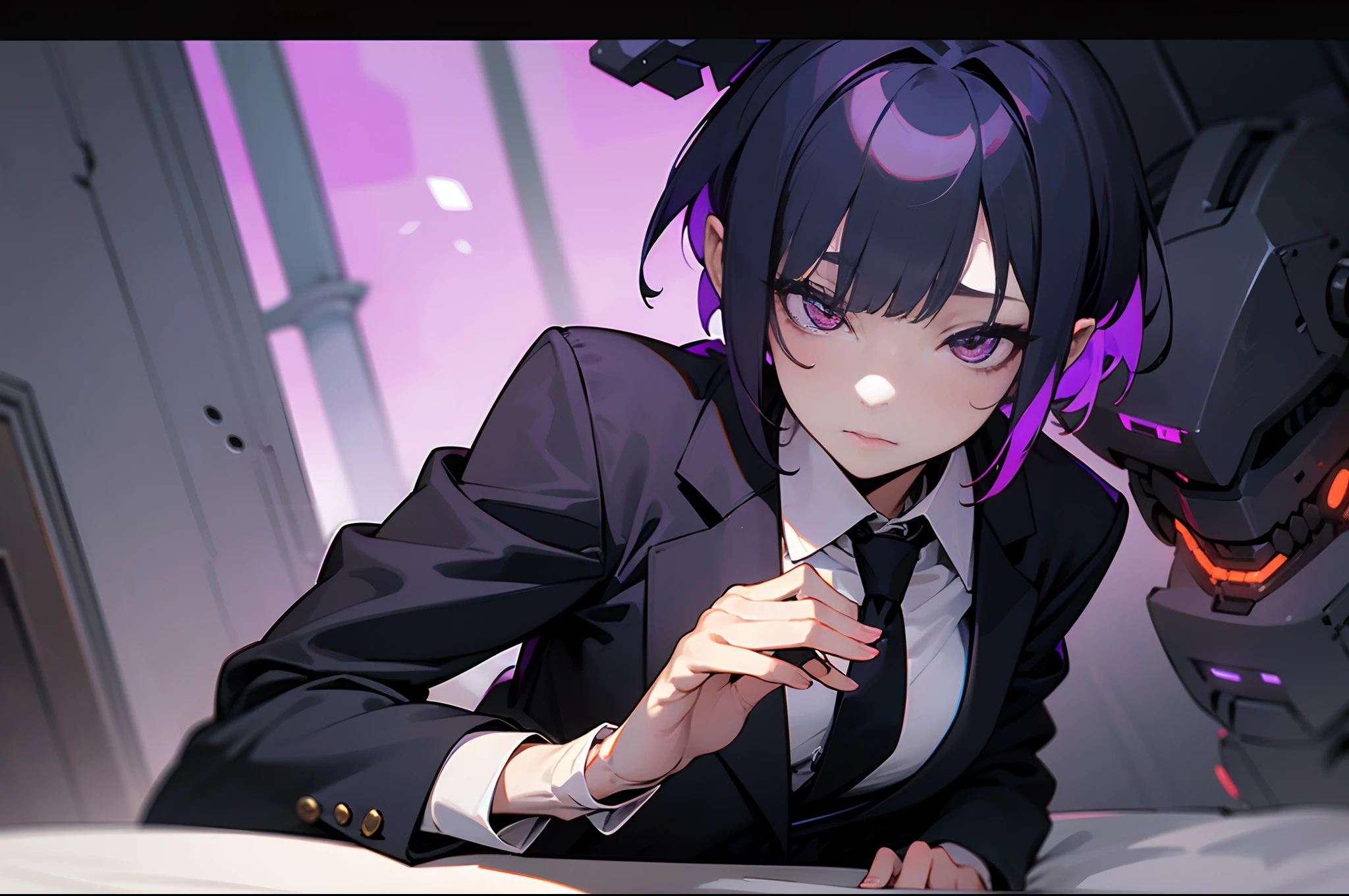 (woman in black suit and tie)Anime girl hinata, Anthropomorphic lop-eared Dalmatian sexy woman, her big purple eye and purple short hair her mechanical hand is cyberpunk