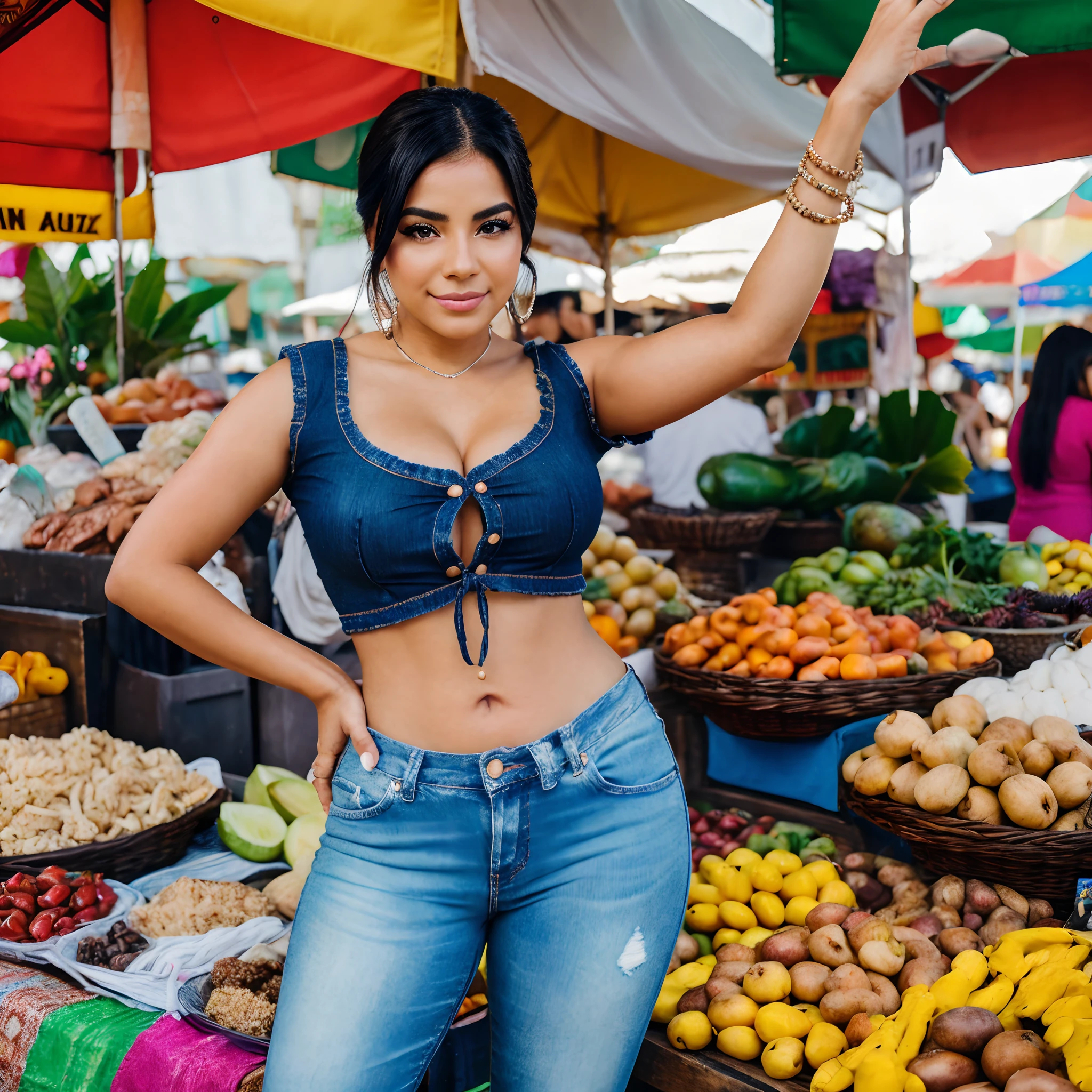 A beautiful 28 Yrs Old Mexican Hispanic Latina female, young, white skin tone, black hair. Eye Color is Brown, Busty, Curvy, standing, posing by a market stall, navigating through the bustling marketplace, wearing a traditional Mexican blouse, denim jeans, colorful accessories, Colorful Mexican Marketplace setting, Tianguis setting, day time, photorealistic, alone, very detailed, talking selfie, selfie full body shot