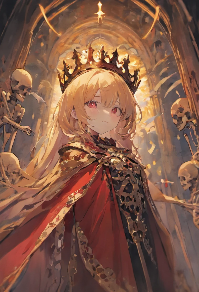 A girl with a skeleton in her arms，A hand appeared behind her to put a crown on the girl，The girl is wearing a cape，The background is the other side of the flower，It is mostly black and red