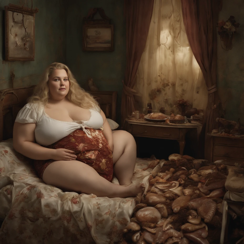 A hyper-realistic、Woman's bedroom at night with a large bed with closed dirty curtains due to a large amount of rotting internal organs, Rotten seafood, Manure and vomit scattered in contaminated, white, murky sewage swirl and flow、The only survivor, a fat girl, 14 years old beautiful white blonde girl, detailed face, smiling, massive belly, wide hips, fat girl, Spit out a large amount of undigested food and internal organs with a smug look on its face, massive pile of shit and bones