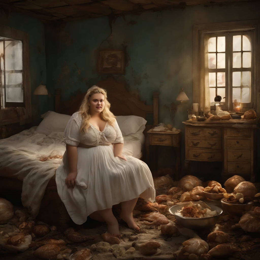 A hyper-realistic、Woman's bedroom at night with a large bed with closed dirty curtains due to a large amount of rotting internal organs, Rotten seafood, Manure and vomit scattered in contaminated, white, murky sewage swirl and flow、The only survivor, a fat girl, 14 years old beautiful white blonde girl, detailed face, smiling, massive belly, wide hips, fat girl, Spit out a large amount of undigested food and internal organs with a smug look on its face, massive pile of shit and bones
