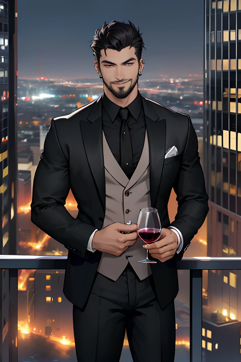 Man in suit, handsome, attractive, sexy, holding wine glass, city view behind, city lights behind, standing, looking at camera, wearing black suit, smirking, in tall building, no facial hair, multiple ear piercings, young, 20 years old.