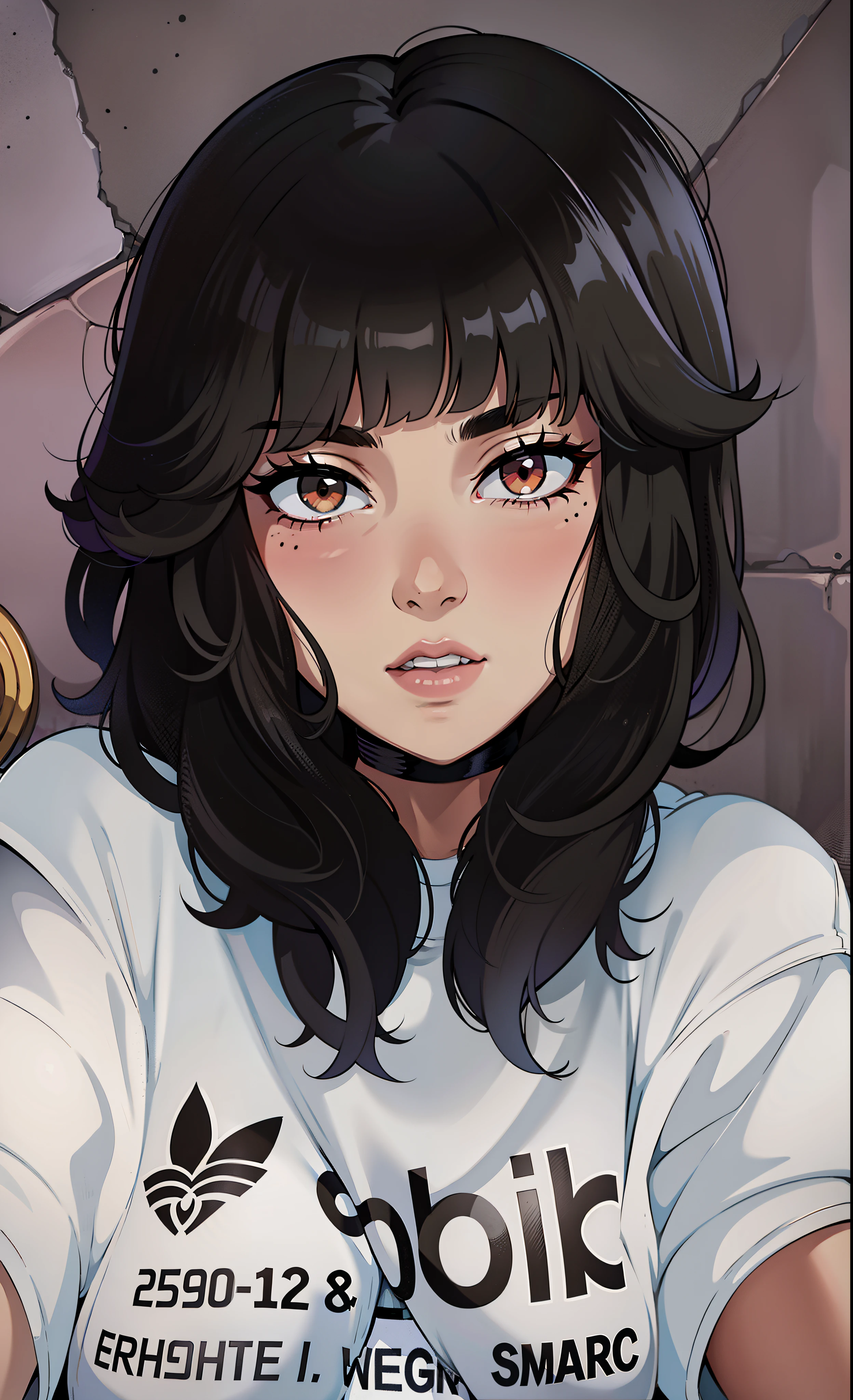 arafed woman with black hair and a white shirt, cruel goth girl, black hair and white bangs, she has black hair with bangs, black wavy hair with bangs, with full bangs, hair blackbangs hair, with bangs, black bangs, 1 7 - year - old goth girl
