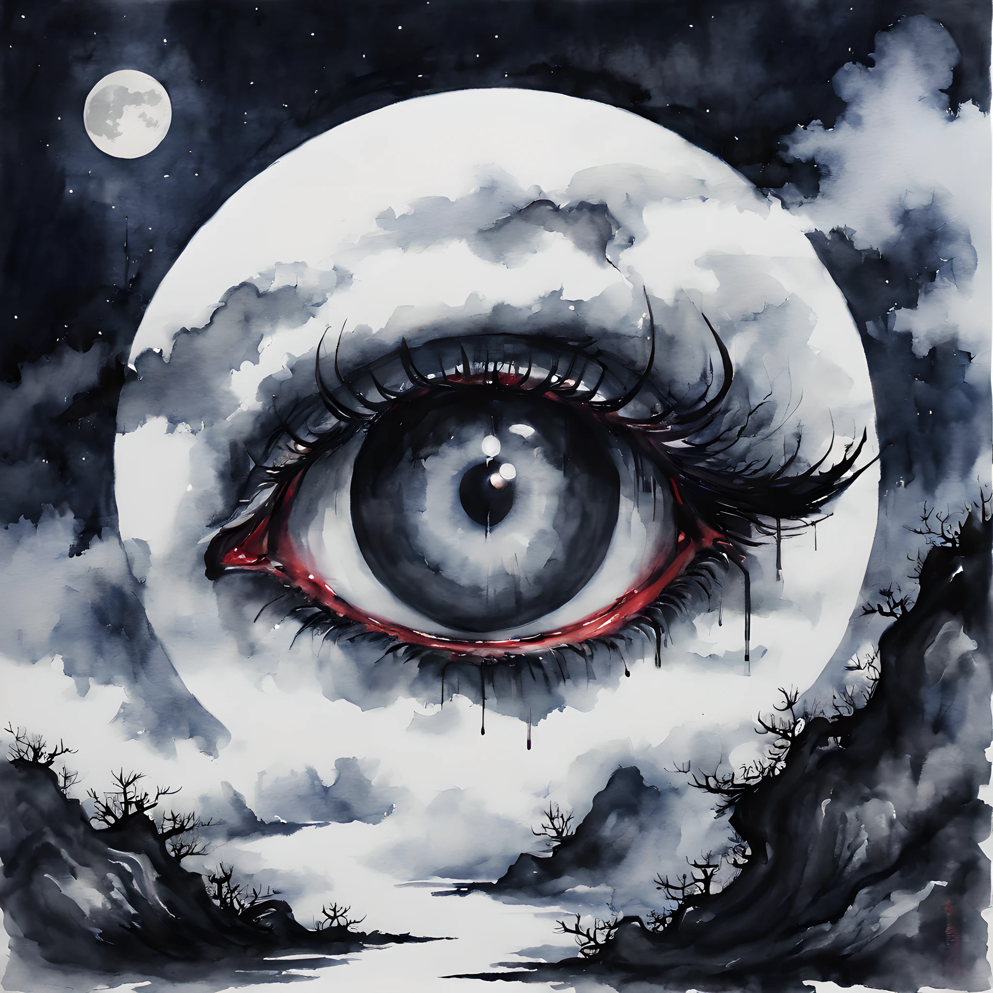 (halloween theme:1.5), (ink and watercolor painting:1.5), (Tasteful:1.5), (ink and watercolor painting:1.5), (Chinese style:1.5), (magic:1.5), (dripping paint;1.5), (dark theme:1.5), (fantasy:1.5), (devil's eye:1.5), (inspiration from Road of the rings:1.5), (centered image:1.5), (Devil's Eye Assimilated with the Moon 1.5), (full moon:1.5), (dark night sky:1.5), (cloud:1.5),
