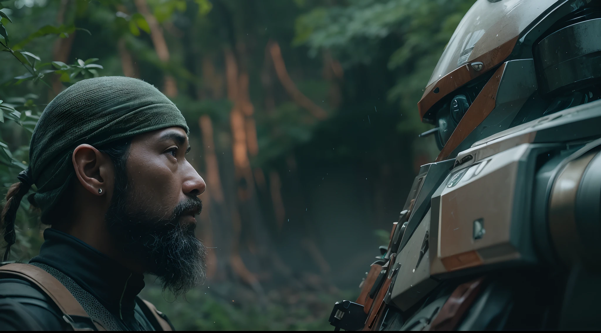 Cinematic close up of [Mecha machine] having a heated conversation with [ malay Man with futuristic black exploration clothing + mid length dark beard]. Scene: dark forest with waterfall on background. asymmetric, muted colors, triadic colors, film grain. low angle. --ar 21:9 Low angle shot, Desaturated color grading, rear projection, Tungsten light, Dynamic shadows,