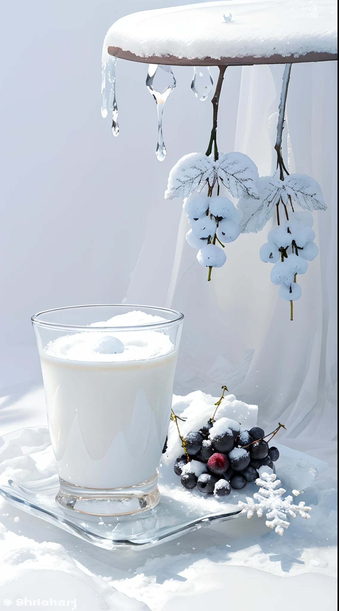 tmasterpiece,best qualtiy,rich details,Detailed light and shadow,There was a glass of milk and berries on the table, With red berries and icicles,blue and white colors, Blue mood in background, Still life with snow, In the background of winter, White snow,snowflower,White and blue color scheme, berries dripping