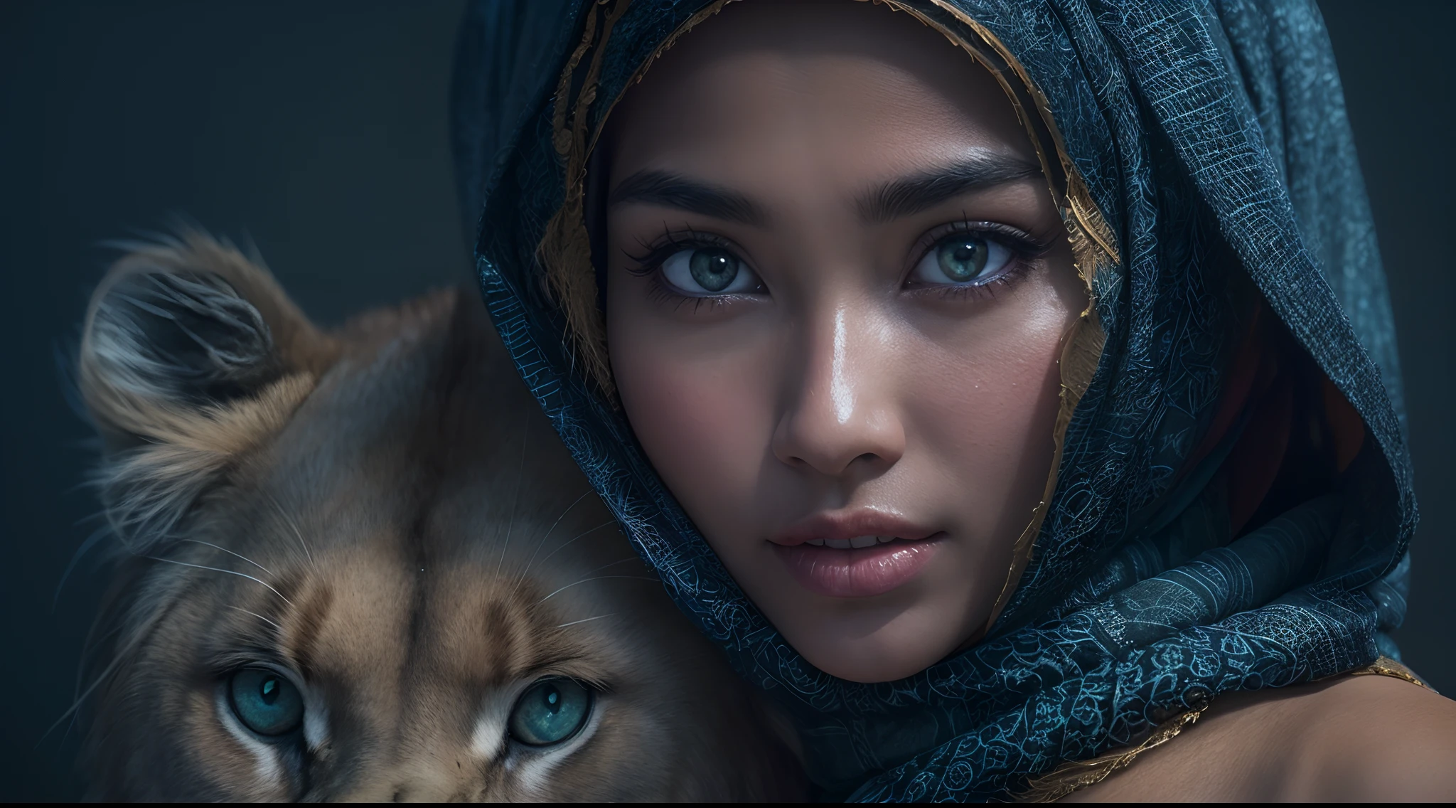 Ultra Detailed Beautiful malay Girl in dark blue hijab, with Fierce Lioness, Cinematic, Cinematic Light, Realistic, 3d Rendering, Highly Detailed Face, Highly Detailed, Realistic Appearance, Lifelike, Realistic malay Girl, 30mm lense, wide Establishing shot, muted color grading, cinemascope, high quality, using Panavision DXL2 camera