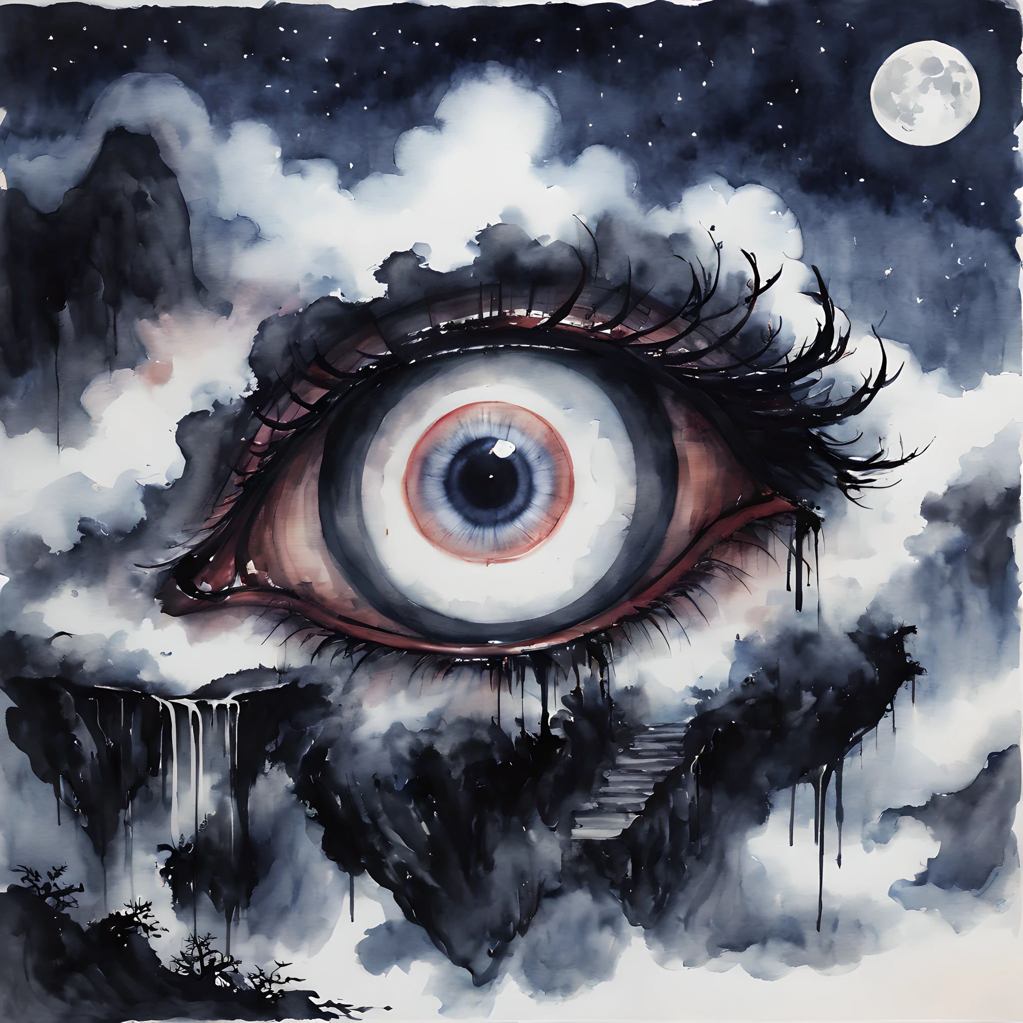 (halloween theme:1.5), (ink and watercolor painting:1.5), (Tasteful:1.5), (ink and watercolor painting:1.5), (Chinese style:1.5), (magic:1.5), (dripping paint;1.5), (dark theme:1.5), (fantasy:1.5), (devil's eye:1.5), (inspiration from Road of the rings:1.5), (centered image:1.5), (Devil's Eye Assimilated with the Moon 1.5), (full moon:1.5), (dark night sky:1.5), (cloud:1.5),
