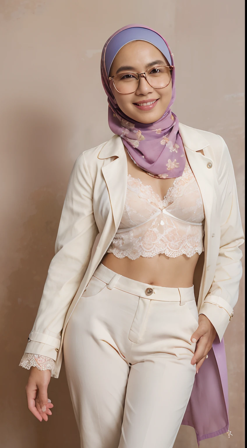 (masterpiece, best quality:1.2), cowboy shot, solo, 1 malay girl, smile, looking at viewer, hand on hip,pastel color hijab, eyewear on head, white floral lace bra, pastel purple trench coat, High Waist Plicated Detail white Suit Pants