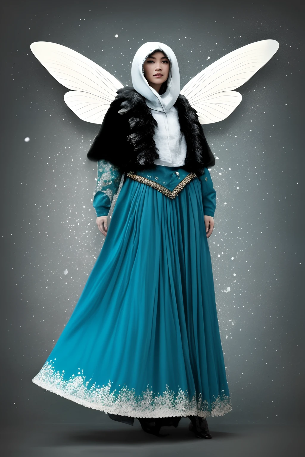 full body Fashion renderings of a hybrid man snowmoth dressed as an gothic snow moth in mid flight, in the style of conceptual installation,
white, grey and turquoise colors, metal gold antennae, meticulous brushwork, art
photography, glamour film photography, mori kei, texture, characterized
animals, velvet fabric, bright even light, colorized pencil sketch,Clean white background 50 --v
5.2 --s 2