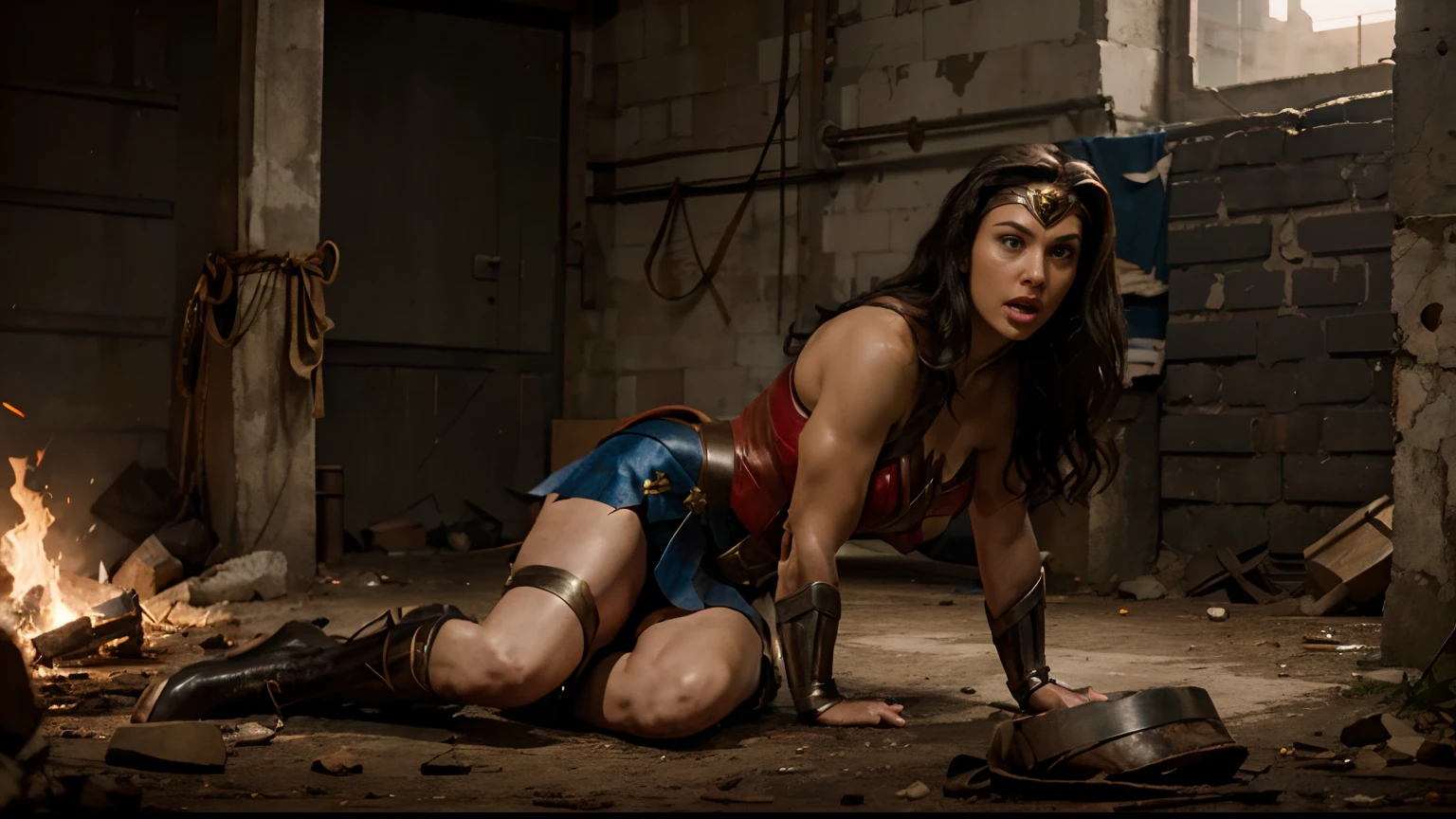 Wonder Woman with skirt surrounded by a group of men, possibly in a dangerous situation. She restrained in some way, such as being tied up, chained, or shackled. The image should show Wonder Woman's strength and determination, despite her inability to move freely. Her facial expression can be serious or intense, as she struggles against her restraints. The image can convey a sense of danger, as well as the potential for Wonder Woman to escape or otherwise overpower her captors. The image should have a dynamic energy, with Wonder Woman firmly at the center. Full body, BDSM.